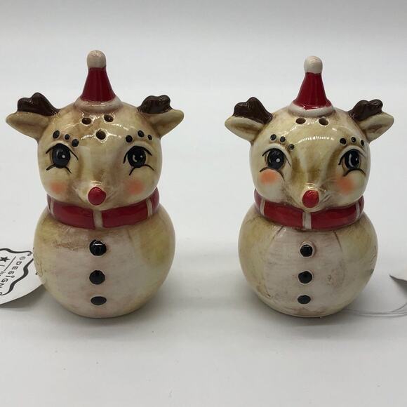 Johanna Parker Reindeer Salt & Pepper Shaker 2 pc Christmas Set Transpac New - Picture 3 of 4